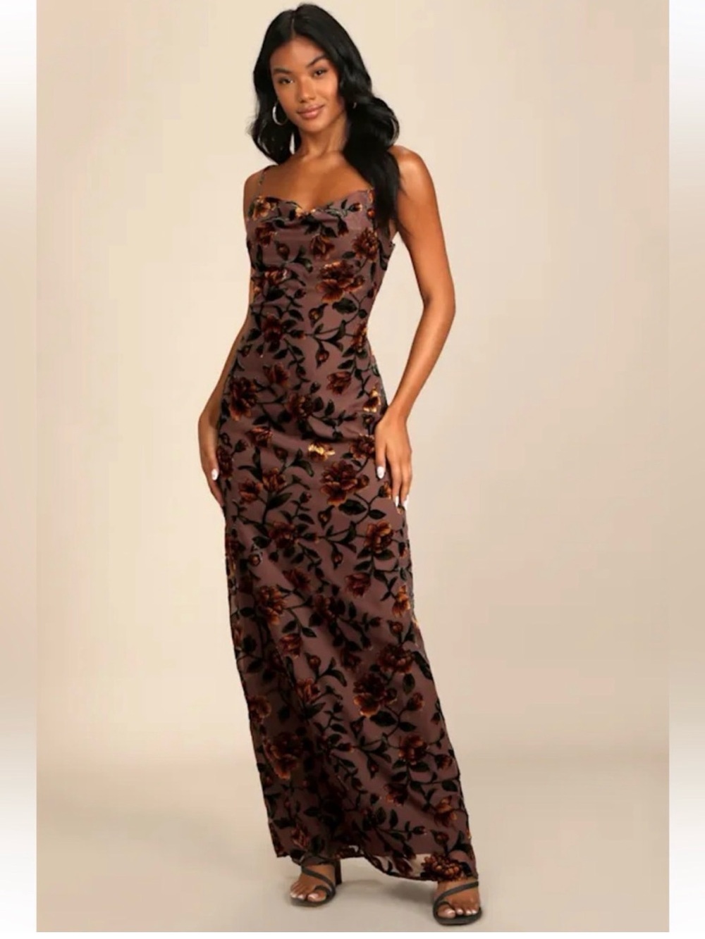 Brown Floral Velvet Strapless Maxi Dress